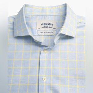 Charles Tyrwhitt Non Iron Dress Shirt 17/35 Light Blue Yellow Check Cotton
